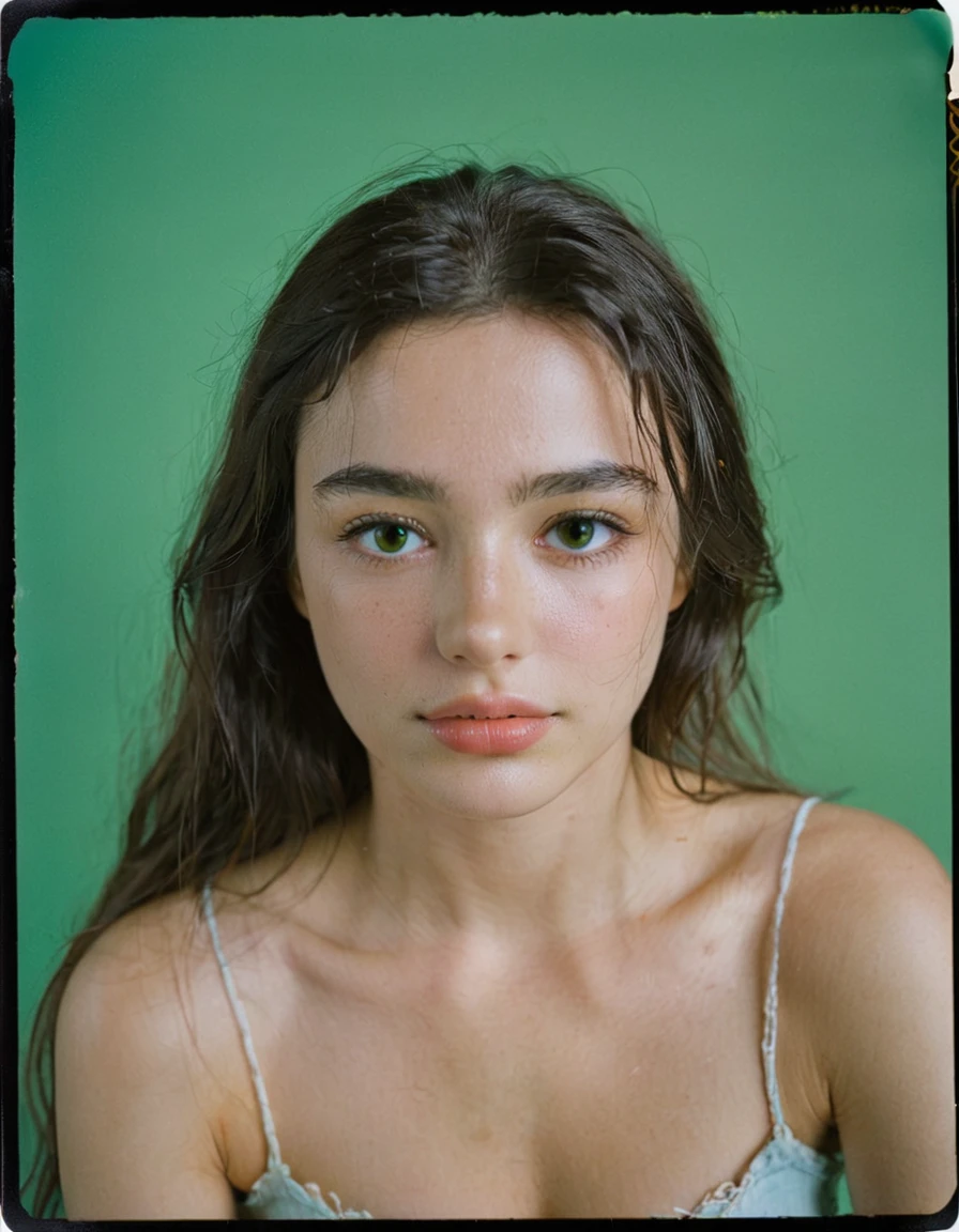 photoshoot, photo studio, RAW photo, editorial photograph, film stock photograph, cinematic, posing, amateur photo, face portrait, analog, raw, f2, 35mm, an (amateur photo), flash photography, taken on an old camera, polaroid, 8k, highly detailed, (high quality, best quality:1.3), Extremely high-resolution, film grain, very long hair, picture of a beautiful young woman, NOT dasha_taran, Nina Fortiner, sfw, ((natural black hair)), long (waist-length:1.2) combed black hair, ((macro lens)), natural, green hazel eyes, eyes have a little bit of brown, (realistic perfect human eyes), serious stare, ultradetailed realistic eyes, feminine expressions, photography, dslr, 35mm, Fujifilm Superia Premium 400, Nikon D850 film stock photograph, Kodak Portra 400 f1.6 lens, 8k, UHD, european woman, realistic skin, skin pores, (whole head, do not crop head), whole head is visible, detailed background, midwest facial features, from side, expresionless, perfect teeth, face a bit elongated