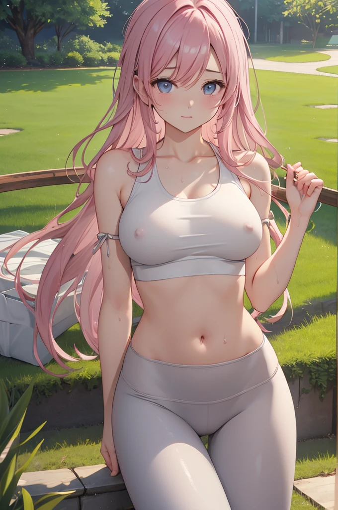 NSFW:1.9、8k,Highly detailed CG unit wallpaper,masterpiece:1.2,Highest quality,Ultra-high resolution,RAW Photos,20 year old beautiful girl、Medium Breast、Pink Hair、Long Hair、Cute like an idol、Beautiful eyes、my body is wet with milk,Cinema Lighting,White tank top,Grey leggings,BREAK,On the grass、BREAK,garden、wood、Grass、road、Daytime,BREAK,shoulderlevel shot,BREAK,Sweating、Wet with sweat、BREAK,underboob:1.6,