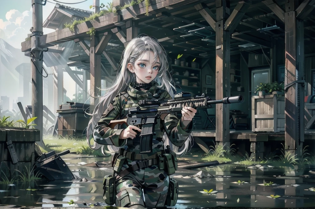 One Woman,Sniper兵,sniper rifle,Barrett M72,Playing a very long barrel, ((blue eyes,Gray Hair)) the woman is a survival game avatar,battle royale,war、Ready your gun?、Sniper,Close one eye,Target、
