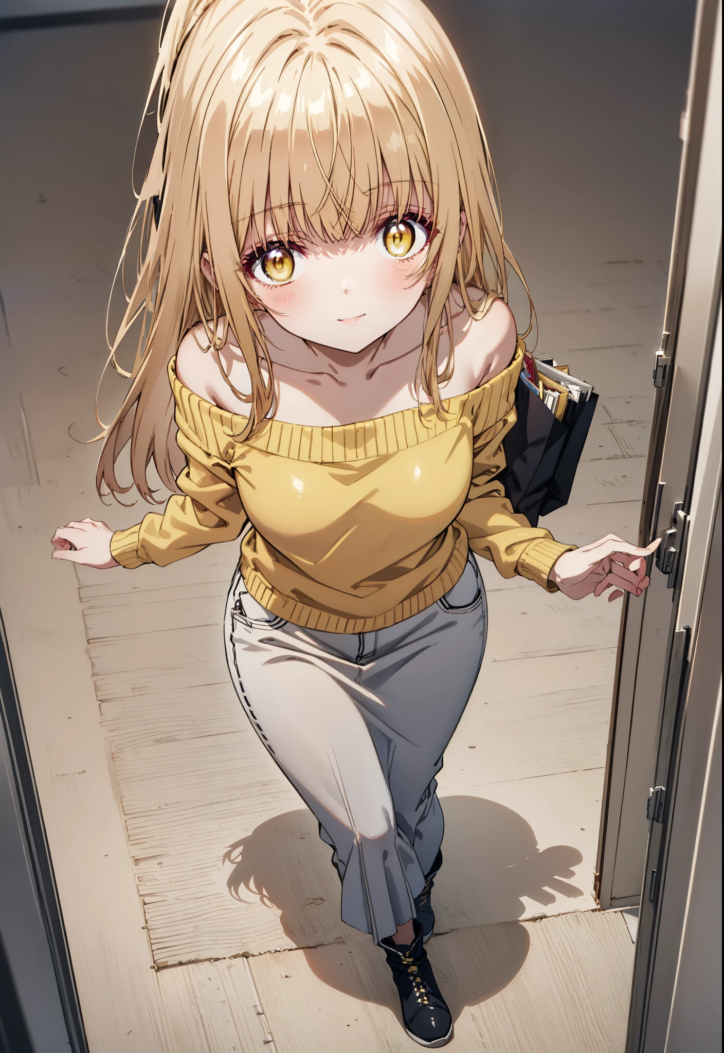 mahirushiina, mahiru shiina, Long Hair, bangs, Blonde, Brown Hair, (Yellow Eyes:1.3), smile,One-shoulder sweater,Long skirt,Black pantyhose,short boots,Walking,whole bodyがイラストに入るように,
break indoors, Shopping mall,
break looking at viewer, whole body,
break (masterpiece:1.2), Highest quality, High resolution, unity 8k wallpaper, (figure:0.8), (Beautiful attention to detail:1.6), Highly detailed face, Perfect lighting, Highly detailed CG, (Perfect hands, Perfect Anatomy),