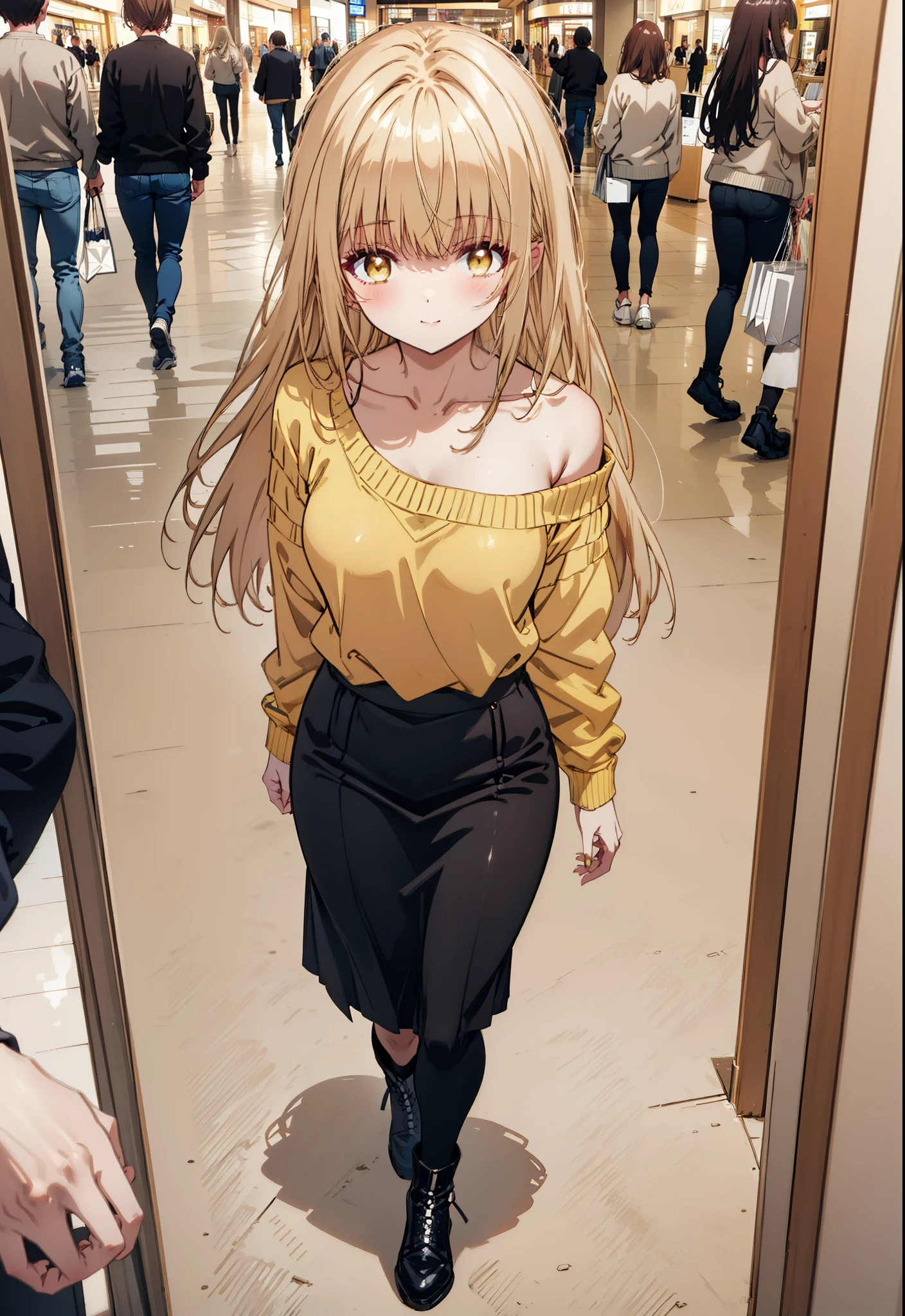 mahirushiina, mahiru shiina, Long Hair, bangs, Blonde, Brown Hair, (Yellow Eyes:1.3), smile,One-shoulder sweater,Long skirt,Black pantyhose,short boots,Walking,whole bodyがイラストに入るように,
break indoors, Shopping mall,
break looking at viewer, whole body,
break (masterpiece:1.2), Highest quality, High resolution, unity 8k wallpaper, (figure:0.8), (Beautiful attention to detail:1.6), Highly detailed face, Perfect lighting, Highly detailed CG, (Perfect hands, Perfect Anatomy),