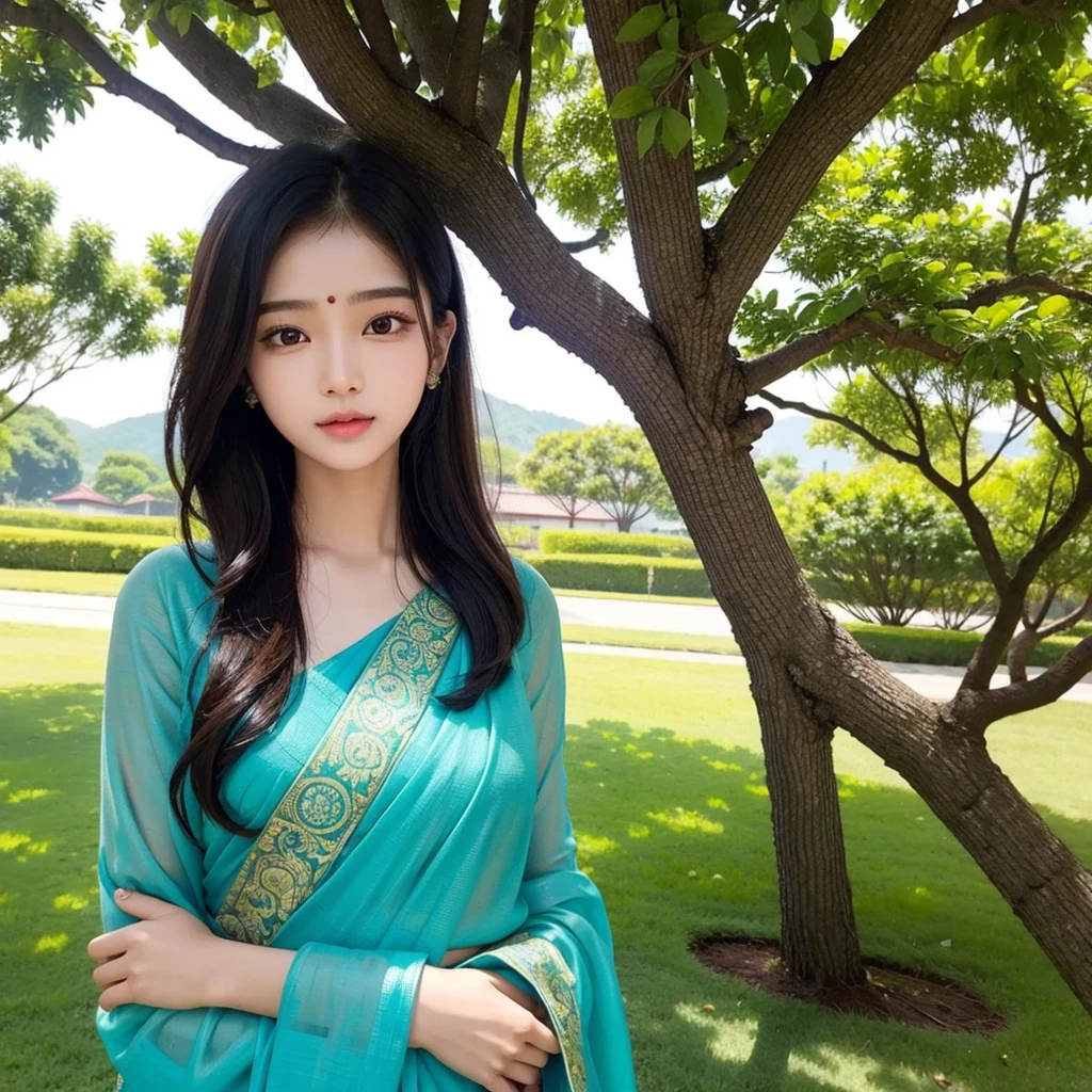 Pretty face, saree korean girl, 18 year old,  background tree, 