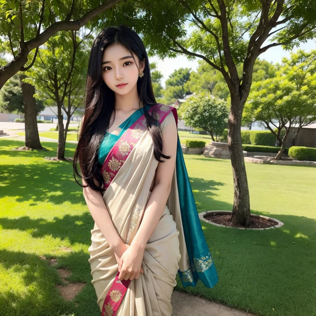Pretty face, saree korean girl, 18 year old,  background tree, 