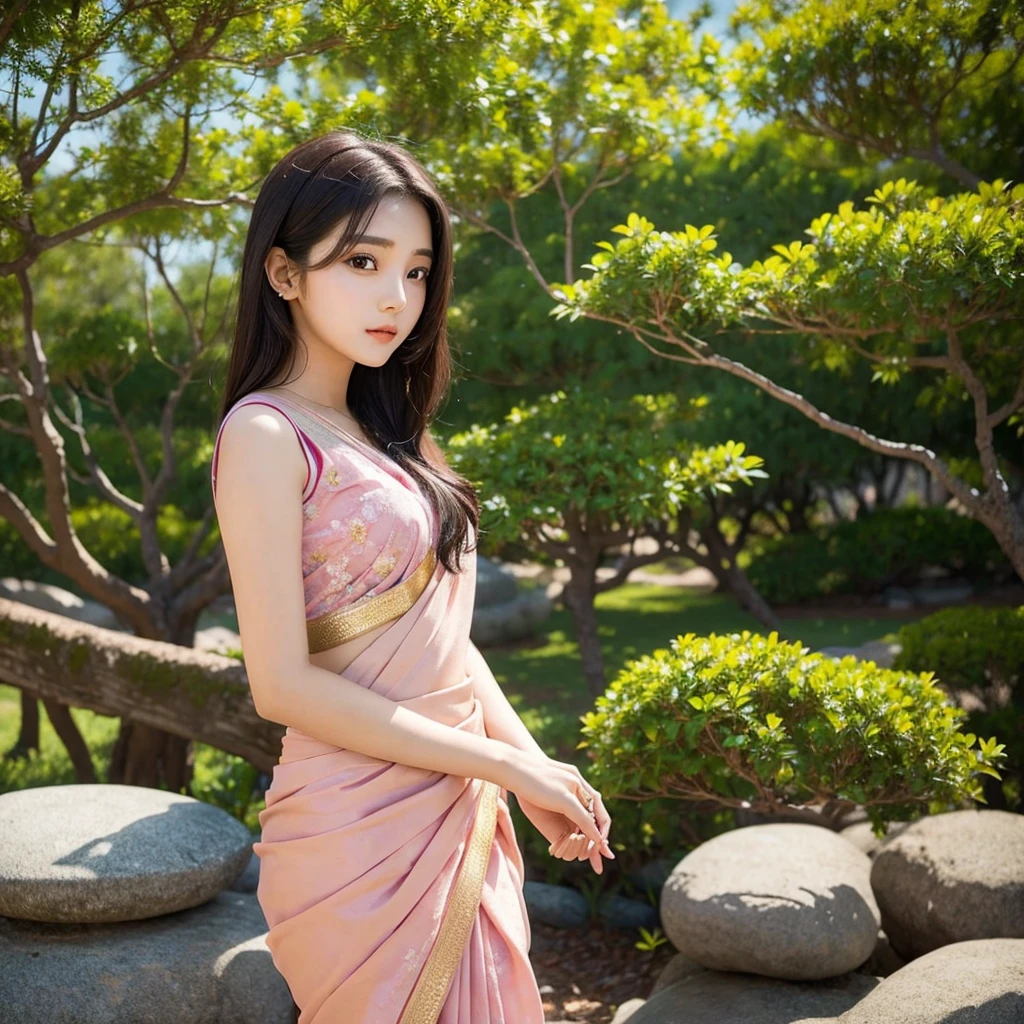 Pretty face, saree korean girl, 18 year old,  background tree, 