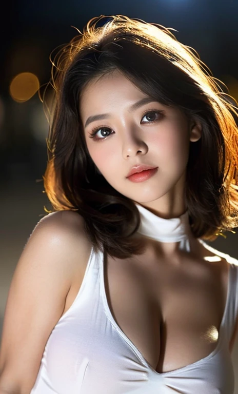 ( (((A beautiful woman))), (beautiful eyes),(((detailed face))),(flawless complexion), perfect body anatomy, natural pose, huge breasts,pretty,white sleeveless turtle neck, white silky clothes, tight mini-skirt, 4k , super high resolution ,(photo-realistic: 1.7),dark background,black short hair, ((SFW)), cowboy_shot, night bokeh, SFW)