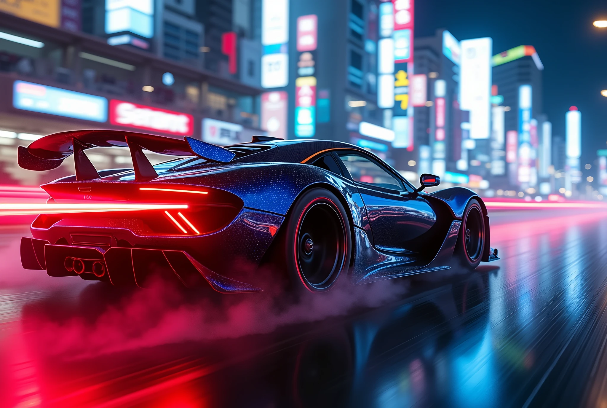 Best quality, masterpiece, ultra high res, Capture the adrenaline-fueled excitement of a sleek, high-performance racing car dripping, red, blue, fires, neon light, dust, full car show, from side, cyberpunk racing car, tokyo cyberpunk night,Detailed,Realistic,4k highly detailed digital art,octane render, bioluminescent, BREAK 8K resolution concept art, realism,by Mappa studios,masterpiece,best quality,official art,illustration,ligne claire,(cool_color),perfect composition,absurdres, fantasy,focused,rule of thirds,