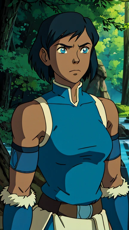 (1girl, avatarkorra, shkorra, korra, short hair, blue eyes, black hair, dark skin, dark-skinned female), (extremely detailed CG unit 8k wallpaper),(master part), (best quality), (ultra detail), (best illustration),(melhor ombre), cowboy shot, (Sharp eyeliner, ombre, detailed eyes:1), Woods, outdoor background,break , (ghibli style), upper body, fur trim,
bare shoulders, armband, armlet, vambraces, bracer,