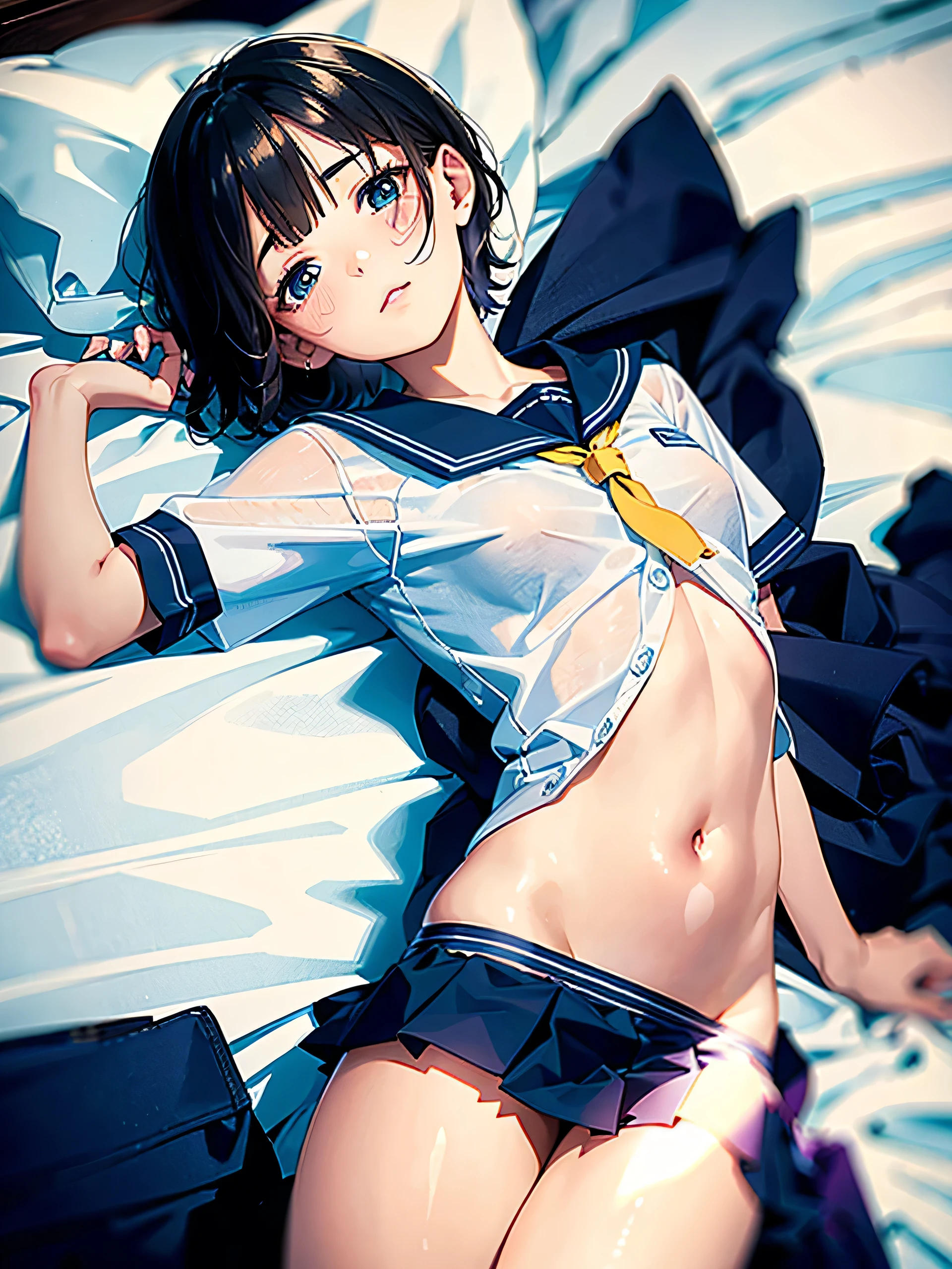 Short hair, surreal, 4K, professional photos, , HDR, detailed face, school uniform (sailor uniform), masterpiece, (light), beautiful background, realistic background, realistic photo, sleep comfortably in bed, (dakimakura style photo)