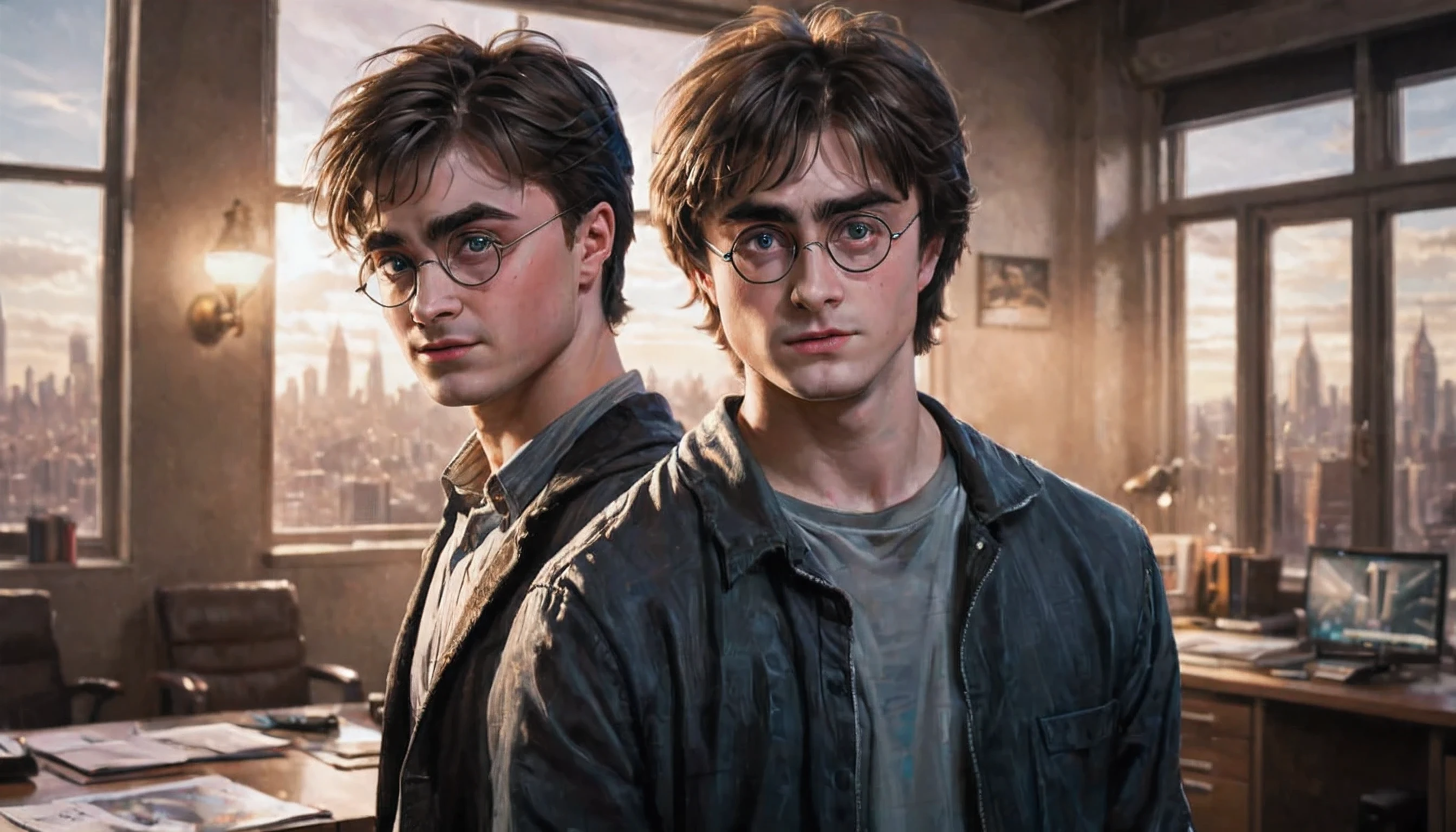 two young men standing in an office with a city view, harry potter in cyberpunk, by Fuller Potter, harry potter portrait, art from harry potter, portrait of harry potter, harry, harry potter style, hogwarts 2 0 7 7, daniel radcliffe as harry potter, realistic art style, inspired by Fuller Potter, hyper-realistic, hyper - realistic, harry potter