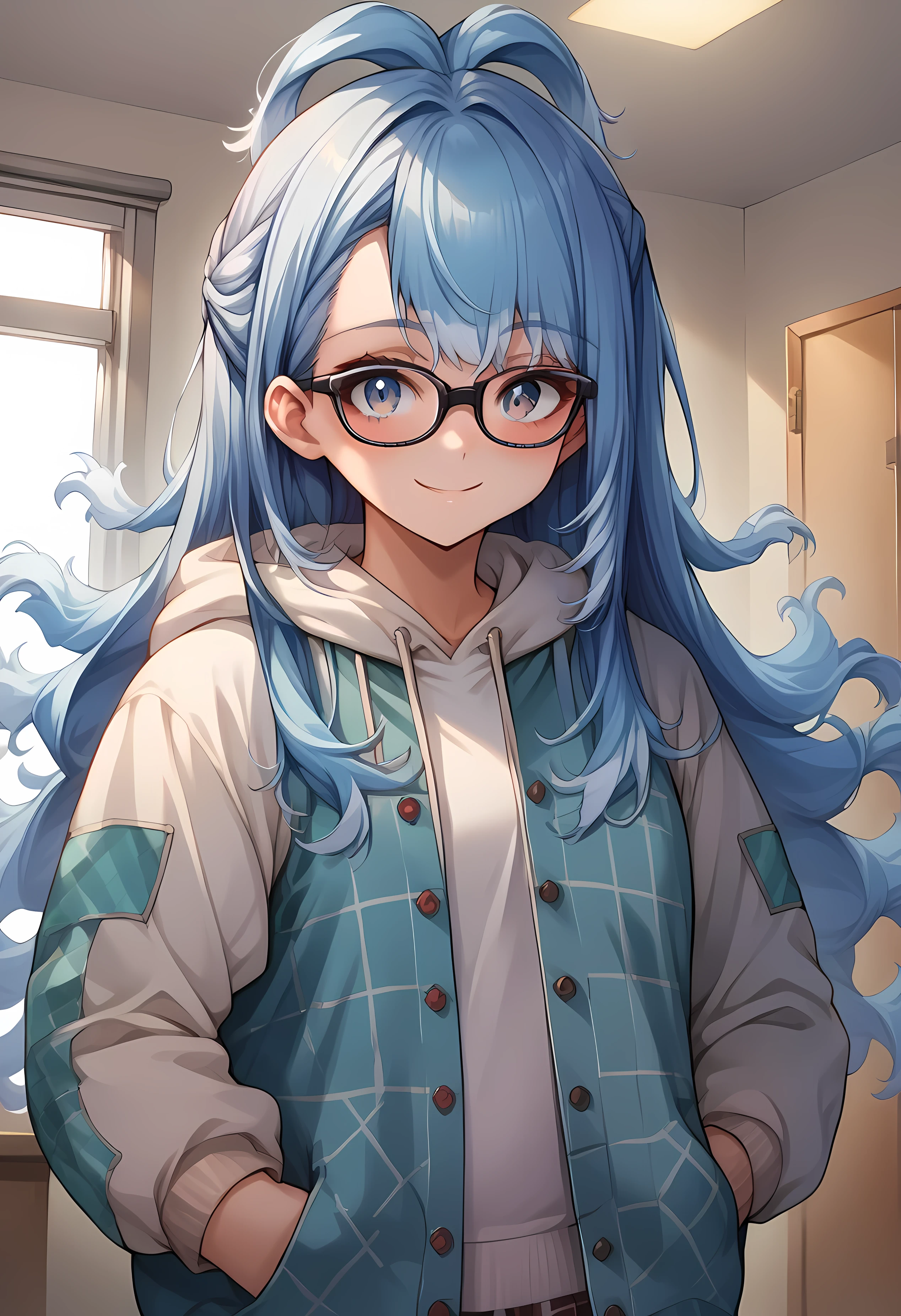 score_9, score_8_up, source_anime, 1girl, solo, KoboKanaeru, blue eyes, long hair, blue hair, colored tips, indoors, plaid skirt, hoodie, smile, hands in pockets, use glasses, black glasses