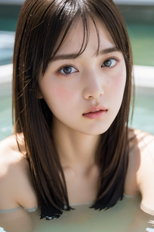 hot spring、Soak in the bath up to your shoulders、bare Shoulders、cleavage,Sweating、18 years old Japanese cute girl、Detailed photos,droppy big eyes,perfect face