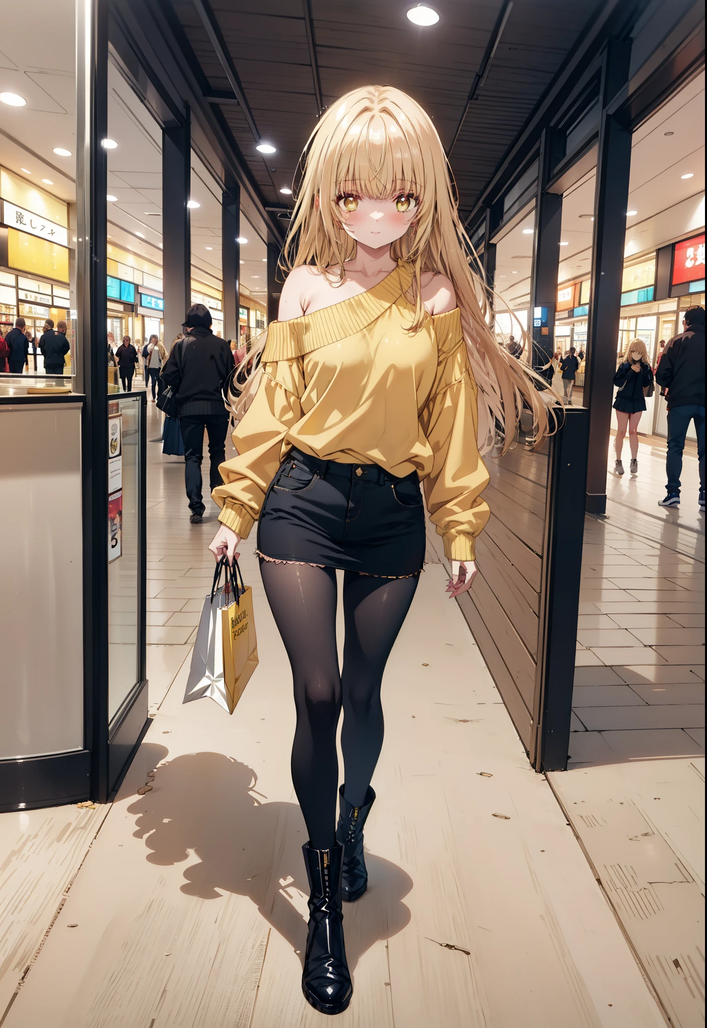 mahirushiina, mahiru shiina, Long Hair, bangs, Blonde, Brown Hair, (Yellow Eyes:1.3), smile,One-shoulder sweater,Long skirt,Black pantyhose,short boots,Walking,whole bodyがイラストに入るように,
break indoors, Shopping mall,
break looking at viewer, whole body,
break (masterpiece:1.2), Highest quality, High resolution, unity 8k wallpaper, (figure:0.8), (Beautiful attention to detail:1.6), Highly detailed face, Perfect lighting, Highly detailed CG, (Perfect hands, Perfect Anatomy),