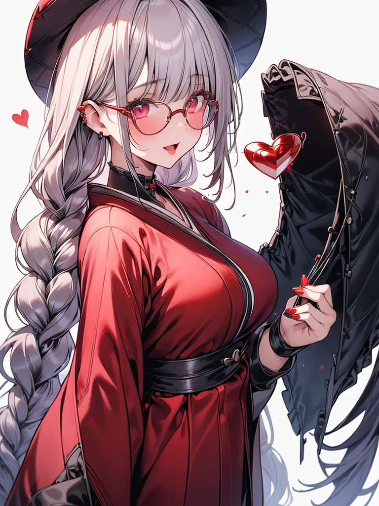 (1girl:1.3), Masterpiece, Best quality, amazing beauty, [[3D]], 4K, absurdres, finely detail, super detailed eye, perfect anatomy, official art, cinematic lighting, Island, silky long hair, long braid, beautiful silver hair, super shiny detailed red eyes, big eyes, cute eyes, thick eyebrow, Gazing Upward, open-mouth, full lips, straight teeth, rouge, False eyelashes, red lips, red round cell frame glasses, piercing, excited face, midium breasts, tall, medium, gloss skin, nibble at bread, from behind,kimono, heart shaped sunglass,