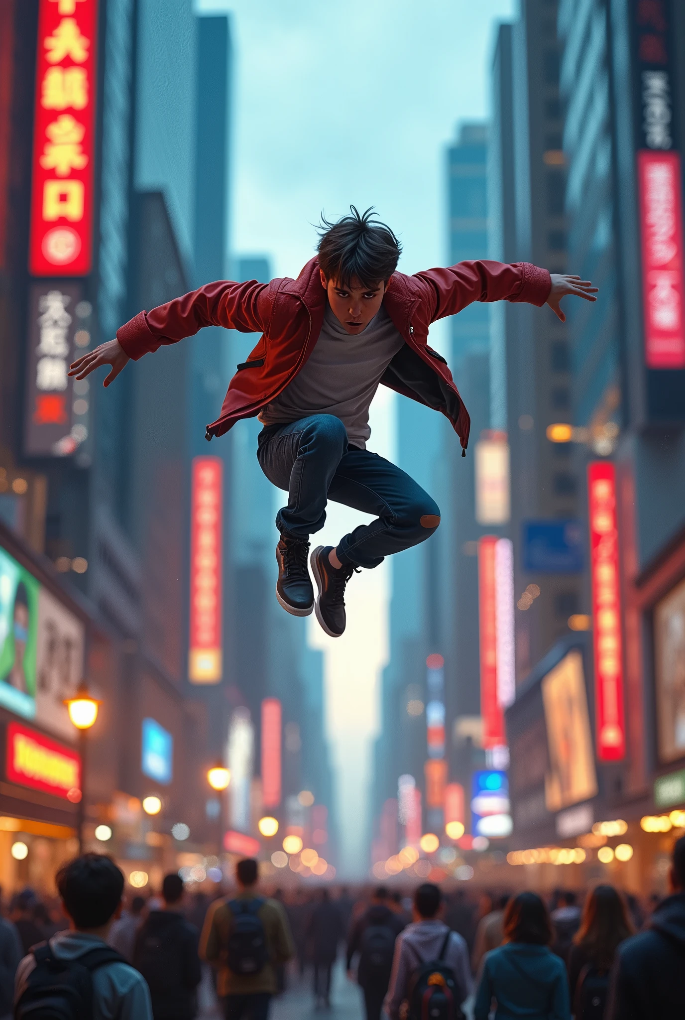((best quality)), ((masterpiece)), (detailed), 1 handsome boy, parkour is jumping from up to the ground, colorfull city, crowded people down there