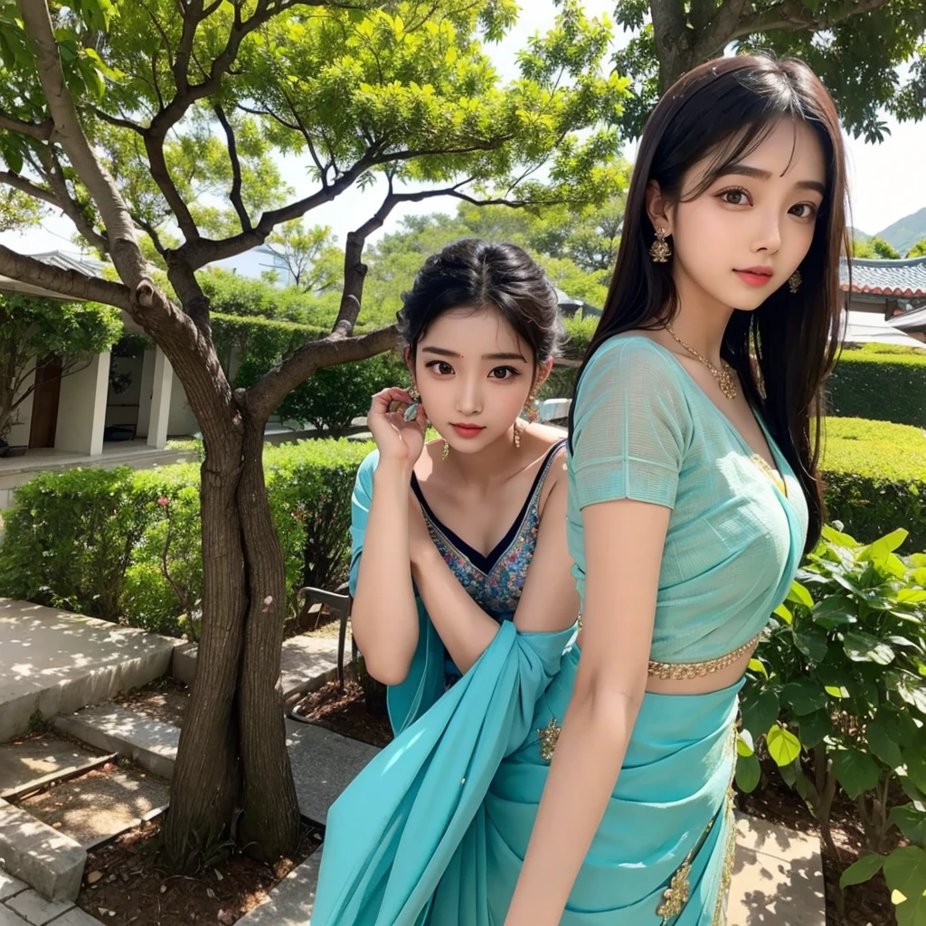 Pretty face, saree korean girl, 18 year old,  background tree, 