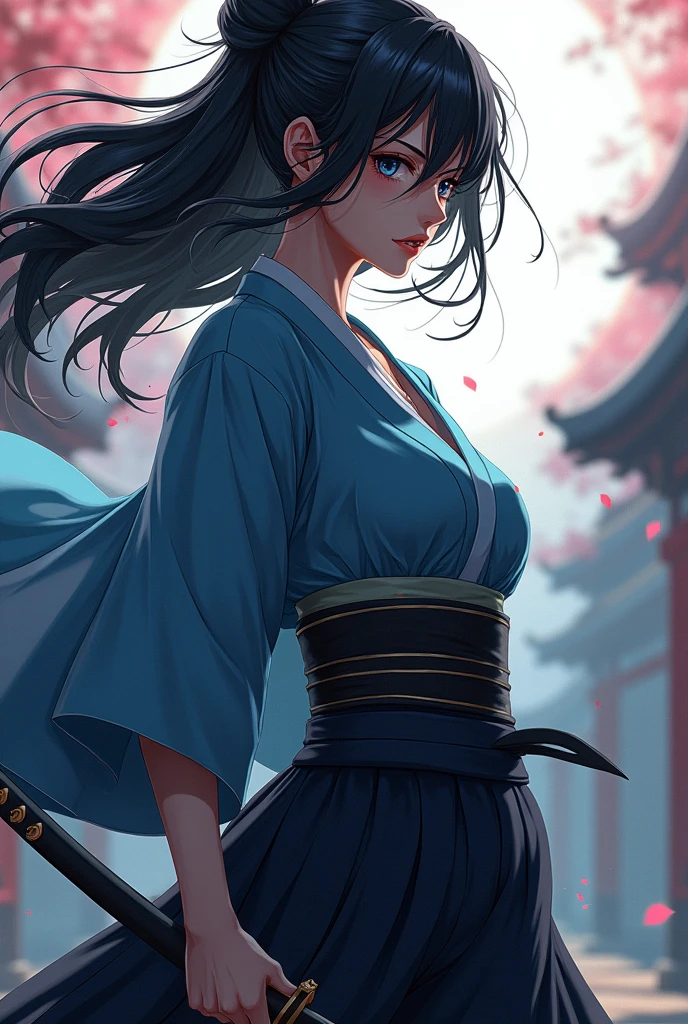 A mature and beautiful person,(Highest quality,Extremely detailed depiction,Incredibly absurd high resolution,Anatomically accurate depiction,Nice hands,Perfect Fingers,Curvy Legs,Shiny skin),(Anime samurai girl:1.5,Himemusha),(Elegant blue kimono,Black Hakama,Holding a sword in his hand,with a katana scabbard at her waist),eyelash,(Black Eyes,Black Hair,Half-closed eyes:1.5,Sweat,whole body,Hair blowing in the wind,Waving a sword,grim stare),Anime Art,Side view
