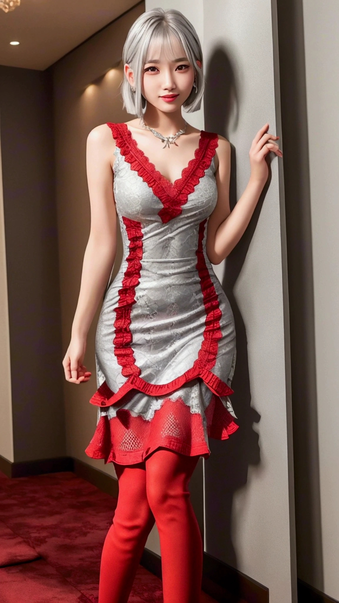 (8k, Photorealistic, Raw photo, Highest quality: 1.4),Japanese idol-style beautiful girl,1 person,18-year-old,(Short Bob),(Silver Hair :1.2),She has her hair tucked behind her ears,Clear grey eyes,Long eyelashes,(piercings(small)),(Lip gloss(red)),lips(Plump,glossy),thin long neck,necklace,ring,(sleeveless one-piece dresses((Medium length(Length above the knee)),(Lace embroidery),(Layered))),Small pouch,Hotel's spacious party venue,Standing reception style,A large number of people(Woman in a dress)Background where people are gathered,Smiling at the camera,Knee-shot snap