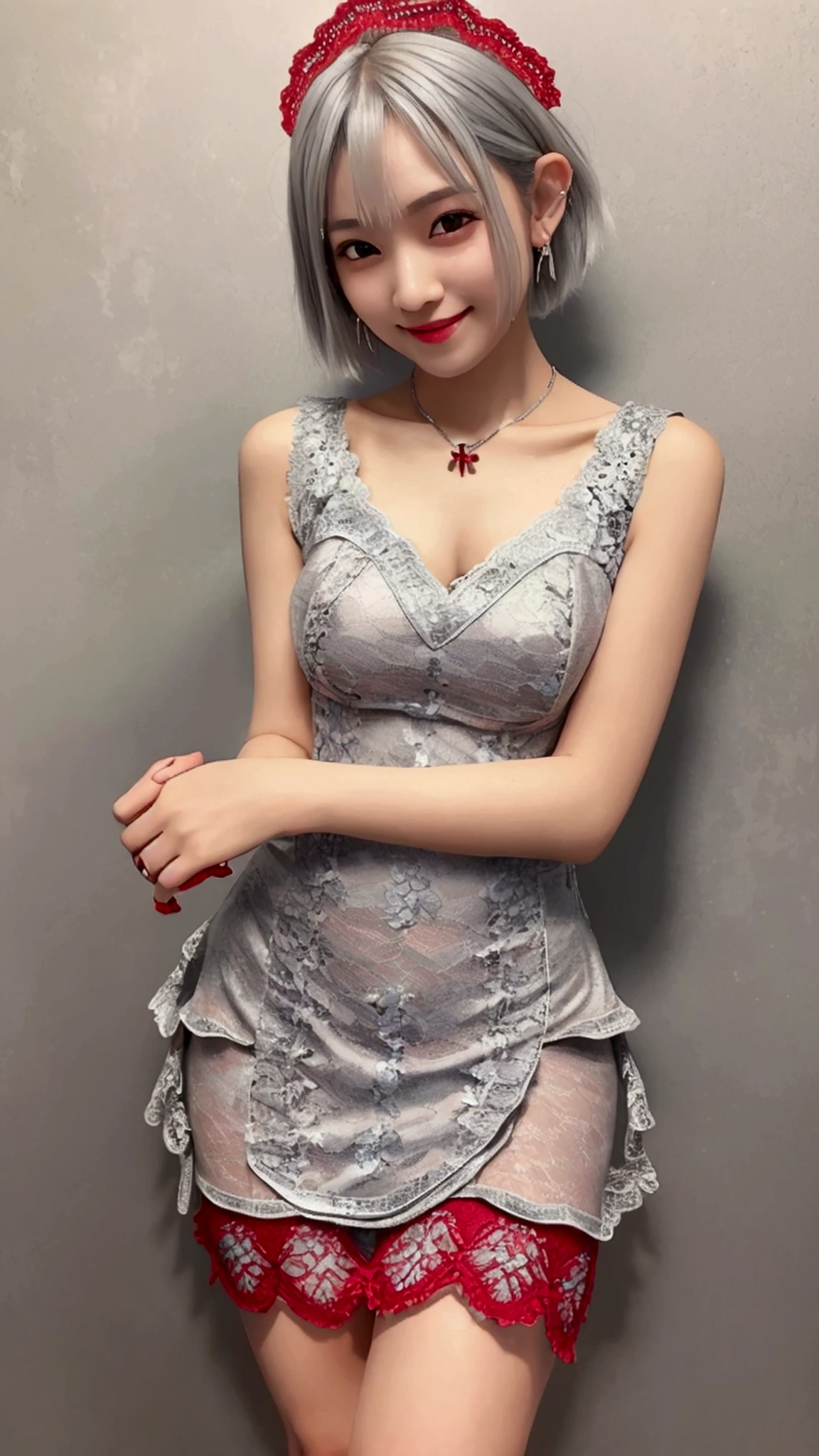 (8k, Photorealistic, Raw photo, Highest quality: 1.4),Japanese idol-style beautiful girl,1 person,18-year-old,(Short Bob),(Silver Hair :1.2),She has her hair tucked behind her ears,Clear grey eyes,Long eyelashes,(piercings(small)),(Lip gloss(red)),lips(Plump,glossy),thin long neck,necklace,ring,(sleeveless one-piece dresses((Medium length(Length above the knee)),(Lace embroidery),(Layered))),Small pouch,Hotel's spacious party venue,Standing reception style,A large number of people(Woman in a dress)Background where people are gathered,Smiling at the camera,Knee-shot snap