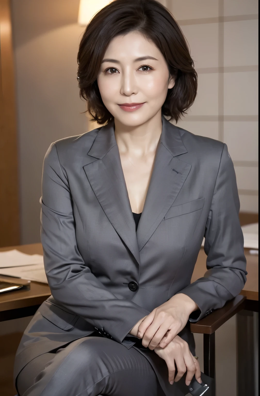 (Highest quality,8k,masterpiece:1.2),Very detailed,(Realistic,photoRealistic,photo-Realistic:1.37),Intricate details,Sit on a chair,Dramatic lighting,Cinematic,elegant, 1 adult female, short hair, Black hair color, Smooth Skin, Brown eyes, With a smile, ((Grey suit)), 45-year-old Japanese woman、Written boundary depth、TV station office、news caster、Upper Body、Office chair、Store the manuscript