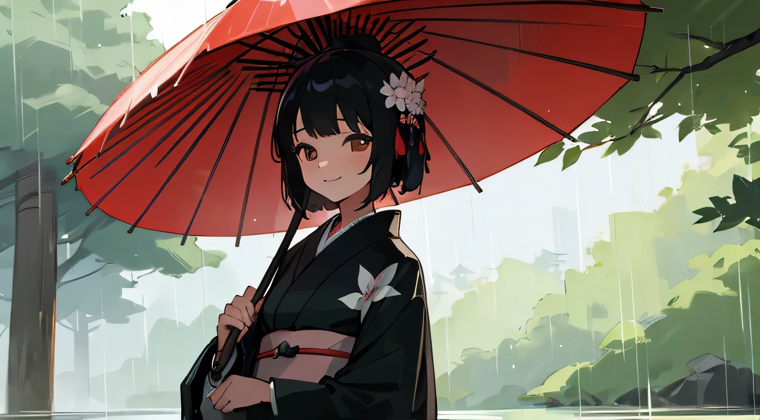 orest,nature,rain,summer,smile,kimono,japanese girl