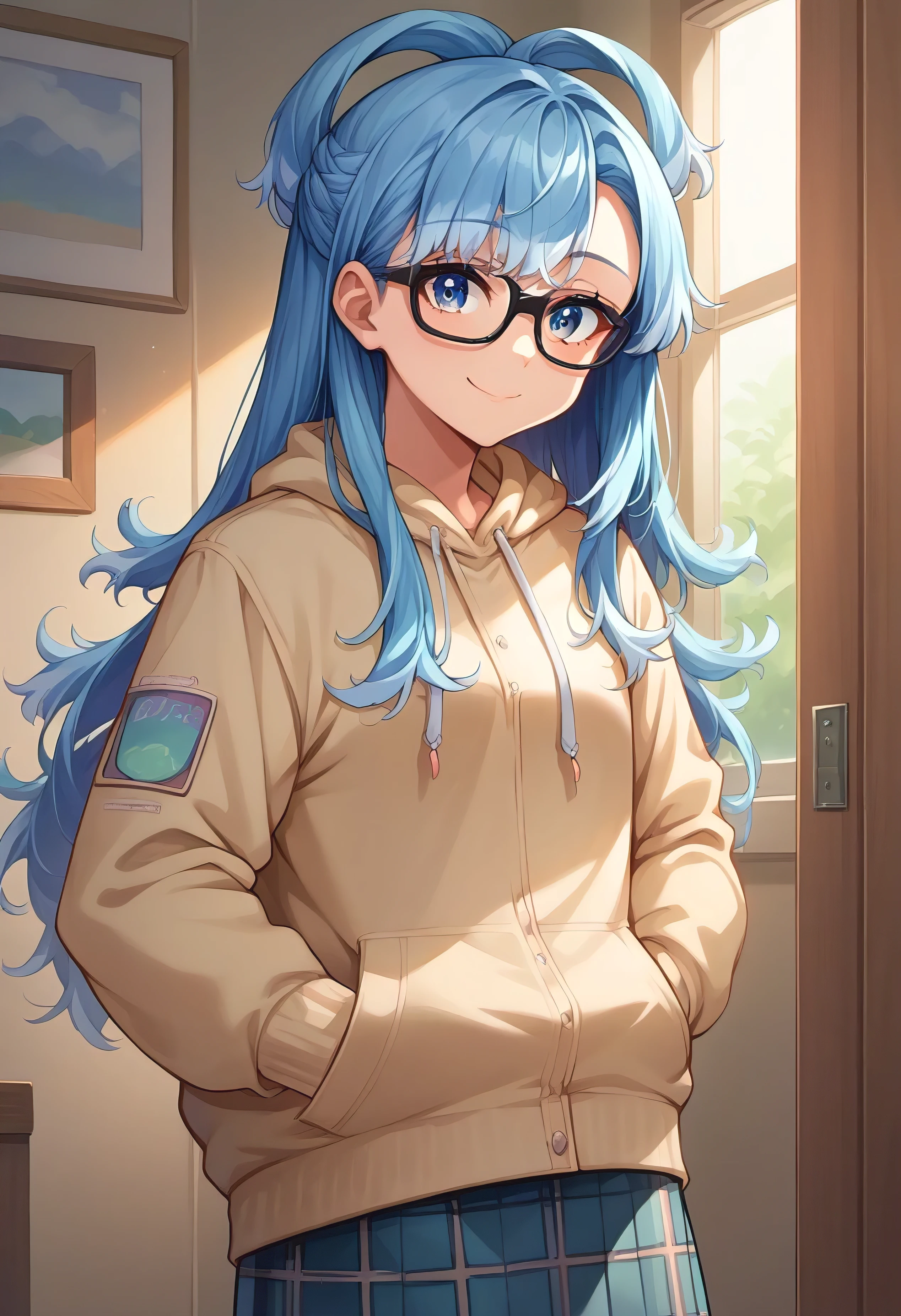 score_9, score_8_up, source_anime, 1girl, solo, KoboKanaeru, blue eyes, long hair, blue hair, colored tips, indoors, plaid skirt, hoodie, smile, hands in pockets, use glasses, black glasses