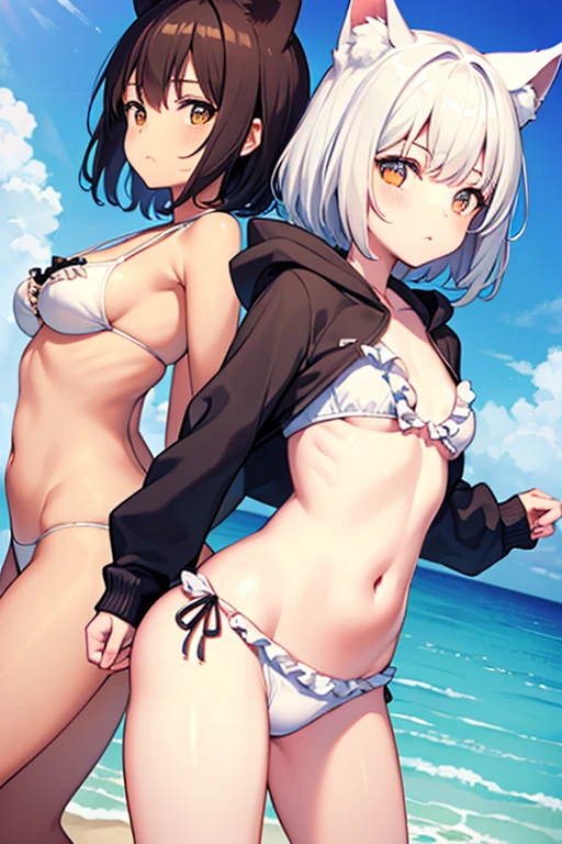 Two Girls cute Background inside Sea (Two Girls Wolf ears Brown short hair White shorthair Frilled bikini Oring Bikini Clothing hoodie) Petite Normal chest Thin thighs first round