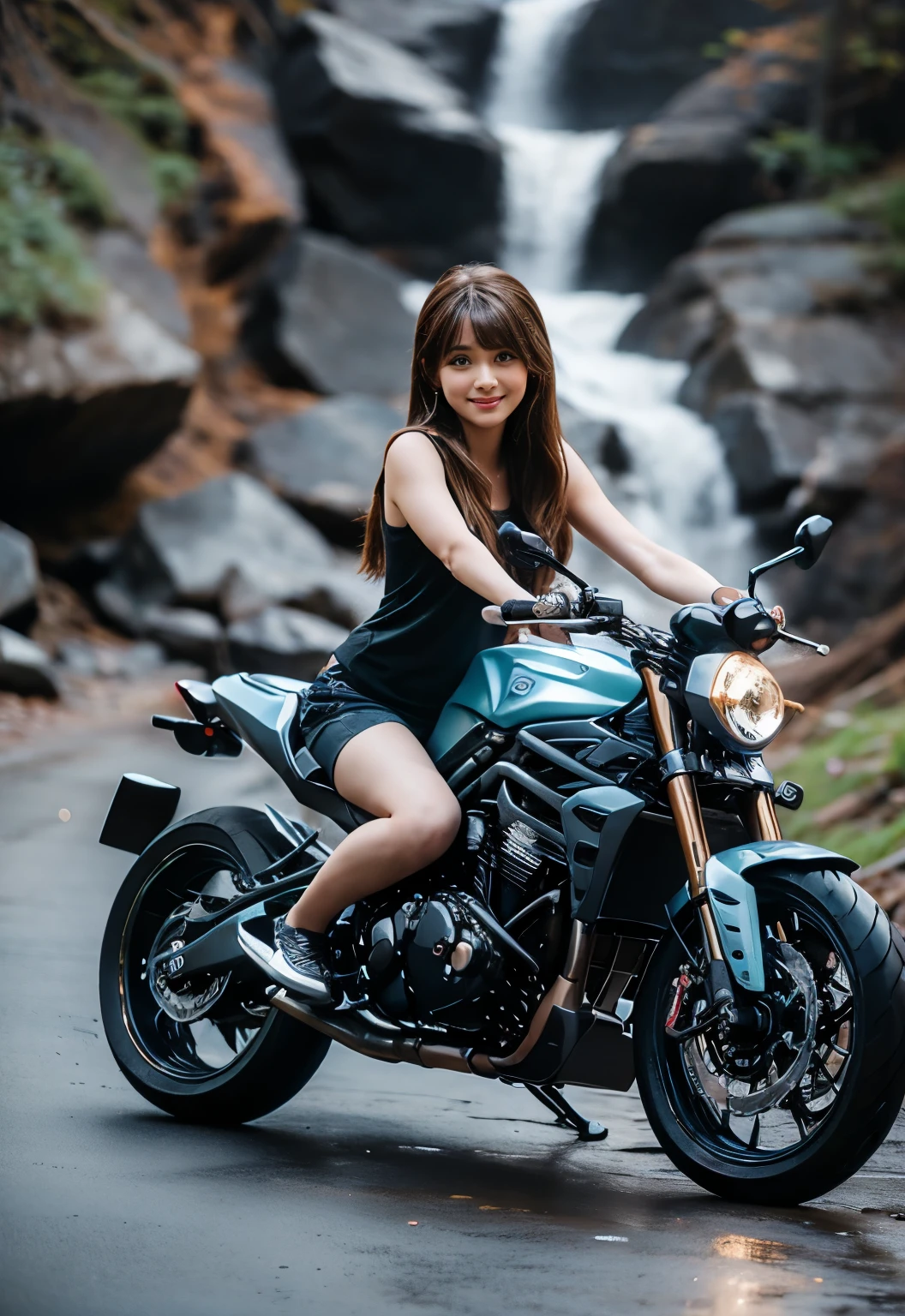 a cartoon girl with long anime hair is sitting on a motorcycle near a waterfall and is drawn well, 1 Girl, Ground Vehicles, motorcycle, Solitary, motorcycle, shorts, Long hair, Looking at the audience, Brown hair, yes, blue eyes, Smile, short shorts, Bare shoulders, sleeveless, sleeveless shirt, thigh, black shirt, shirt, bare arm, Shut up, blush, Bangs