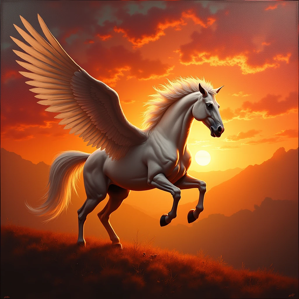 
(best quality, 8K, high resolution, masterpiece), ultra detailed, oil painting, a wild Pegasus with wings outstretched, soaring through a fiery sky during sunset, the vibrant reds and oranges of the sky contrasting with the deep shadows and glowing highlights on the Pegasus' body.