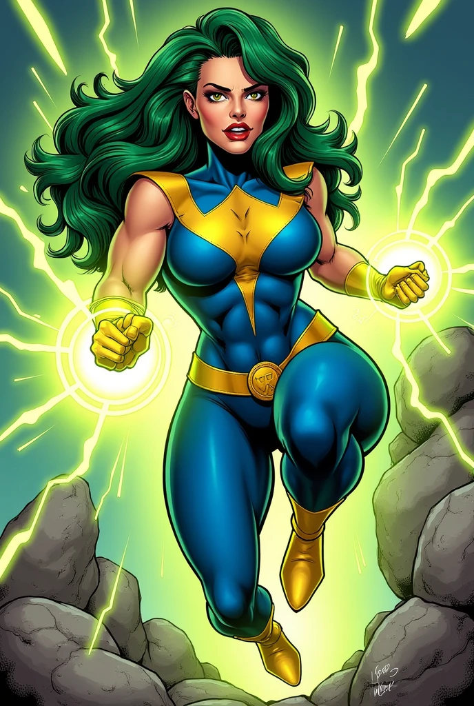 Lorna Dane, polaris x-men, (spritesheet 4 frames of a punch:1.6), (busty and voluptuous body) , (green thick wavy long hair:1.4), (huge breast:1.6), wearing a blue costume, (arms naked:1.5), big yellow in the chest and stomach, with yellow xmen belt, yellow glowes, yellow boots, (screenshot of a beat em up videogame), (she's surrounded by a green energy:1.5), (comic style:1.4)