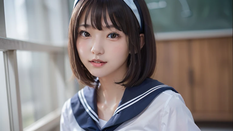 Sailor suit, One Woman, (Beautiful woman, delicate :1.3), Black Hair, Bobcut, 8k, Highest quality, masterpiece, Very detailed, Ultra-high resolution, Realistic, RAW Photos, Absolute Resolution, face is small compared to body, Very small face, Black Hair, 紺色のSailor suit, Navy blue scar, High school girl in Sailor suit, Realistic high school girl, ((White headband)),  (White headband), Small breasts, expensive, Slanted Eyes, Purple eyes, (School Scene), Black Stockings, Bright colors, Open your mouth, smile,(black tights:1.1),,Perfect body、(((1 female)))、(((Beautiful and accurate five fingers)))