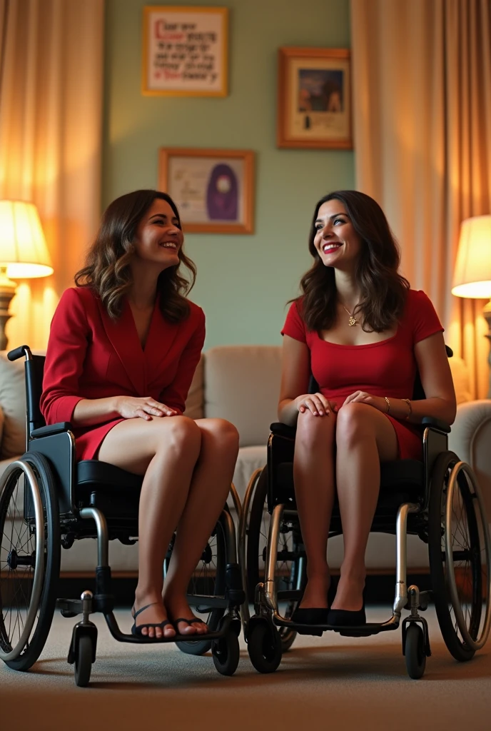 Two paralyzed women riding in a wheelchair, both wearing pantyhose and red lipstick, in the room.