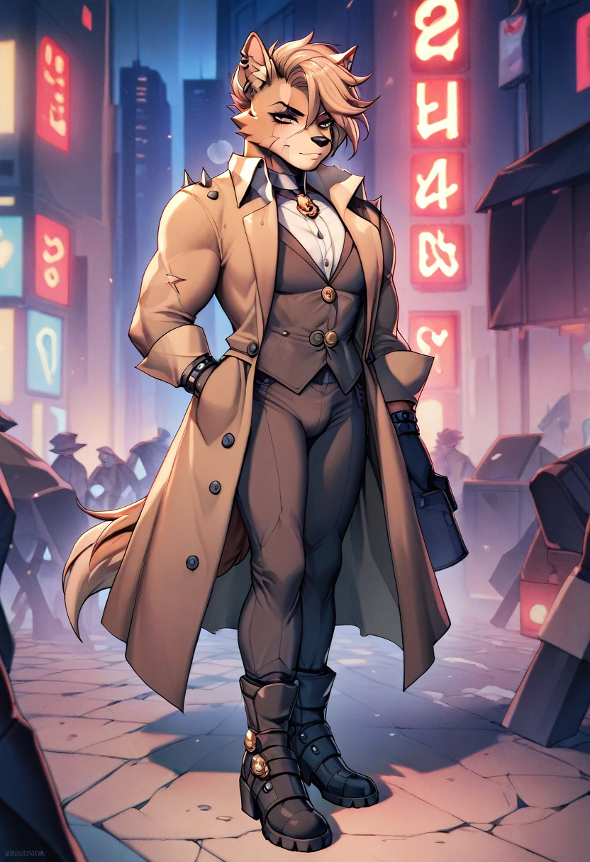 a anthropomorphic dog furry yellow detective buff,muscular wearing a detective outfit,brown trench-coat,scars,thick,30’s style. He’s androgynous, a sensual ,cool expression,full body.The scene has a cold,mysterious,Blacksad style and a vibrant tone.Diesel punk city setting in the background.