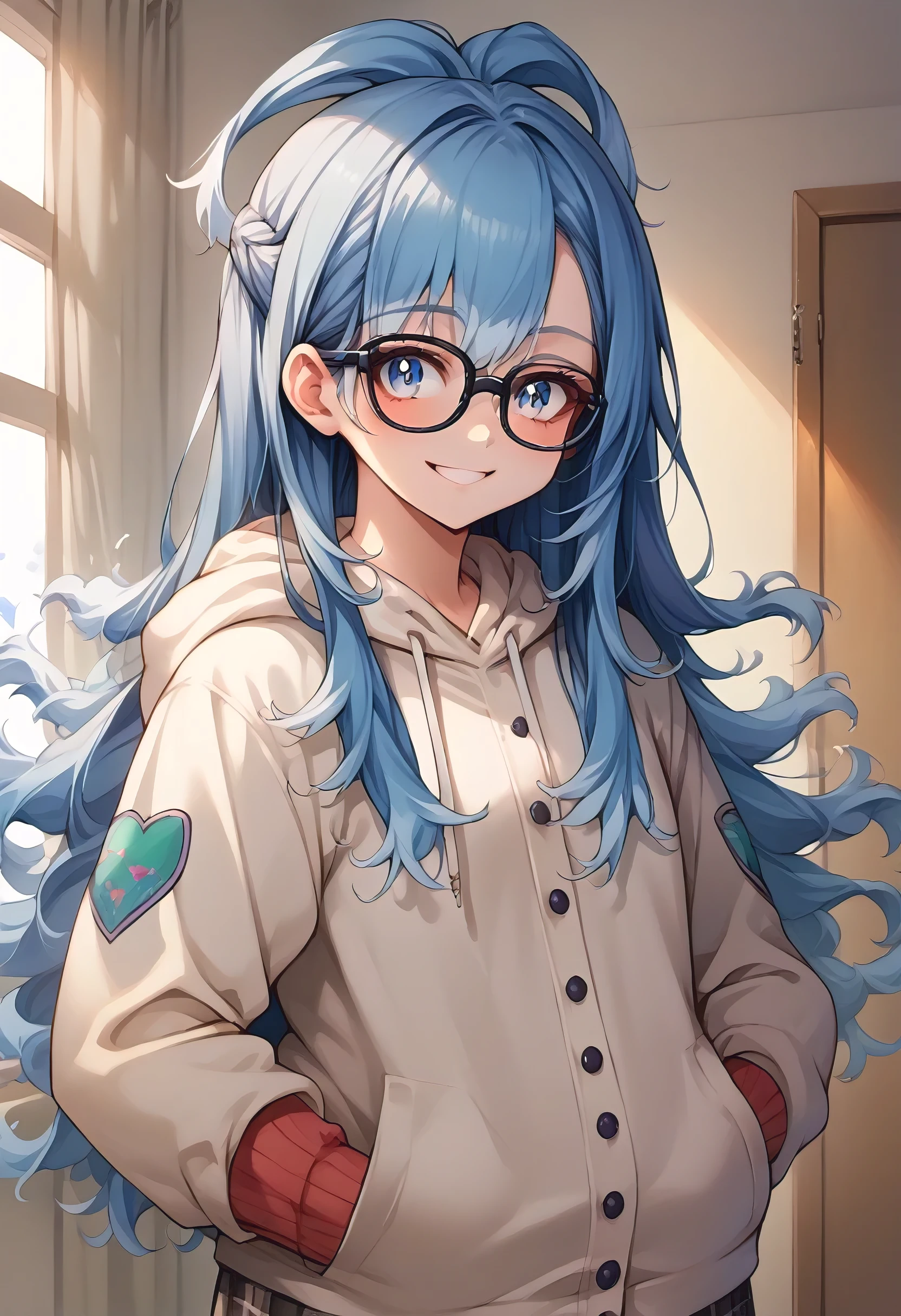 score_9, score_8_up, source_anime, 1girl, solo, KoboKanaeru, blue eyes, long hair, blue hair, colored tips, indoors, plaid skirt, hoodie, smile, hands in pockets, use glasses, black glasses