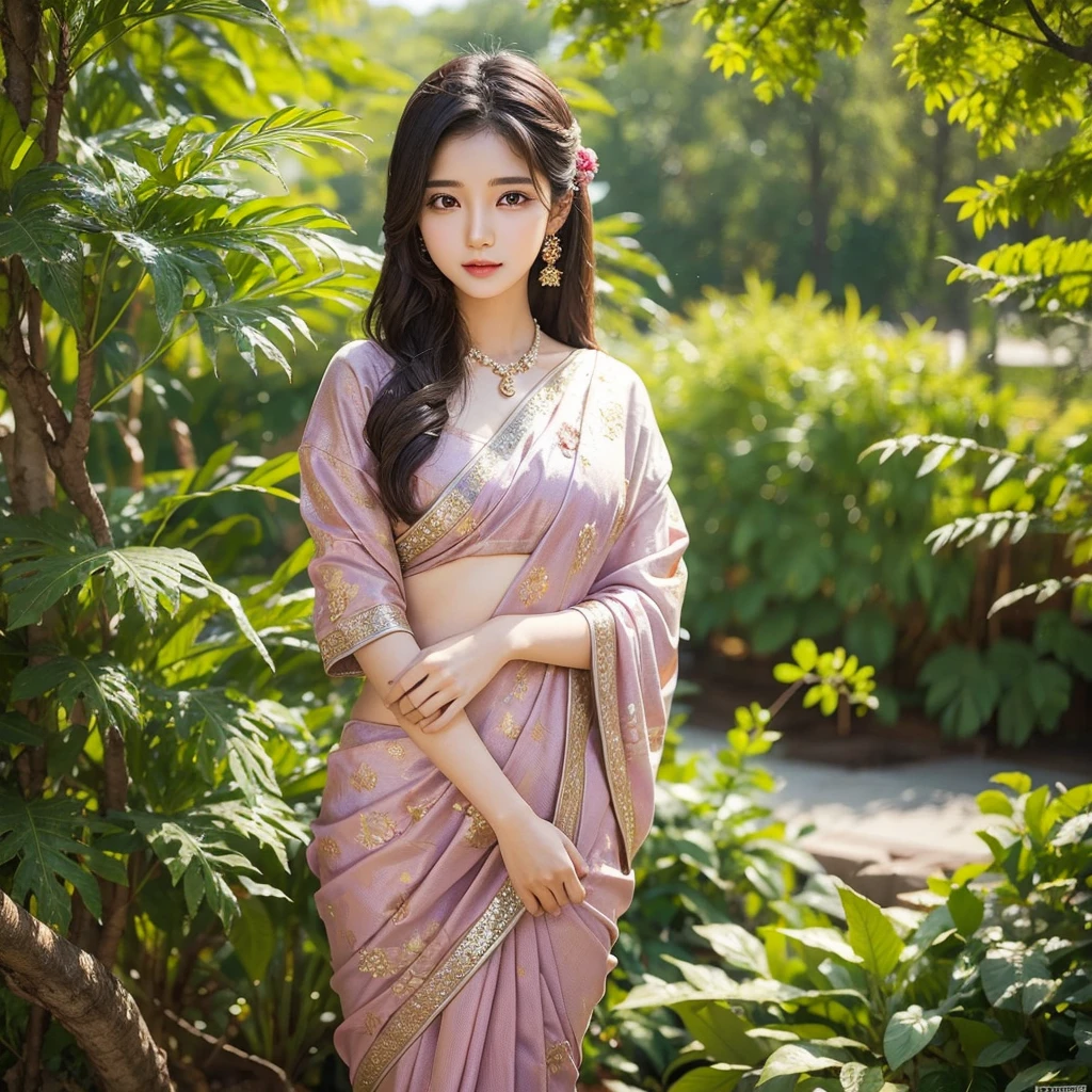 Pretty face, saree korean girl, 18 year old,  background tree, 