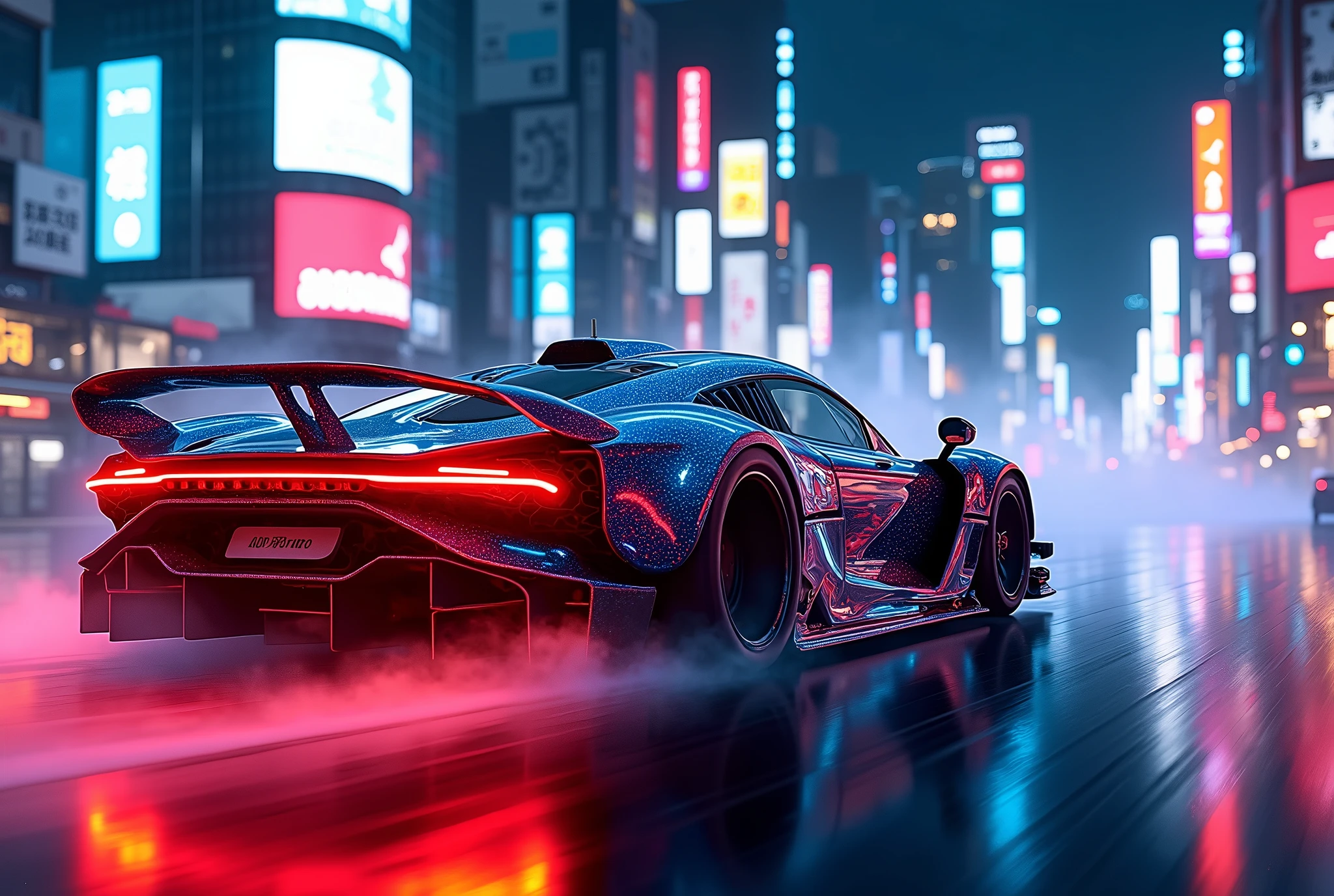 Best quality, masterpiece, ultra high res, Capture the adrenaline-fueled excitement of a sleek, high-performance racing car dripping, red, blue, fires, neon light, dust, full car show, from side, cyberpunk racing car, tokyo cyberpunk night,Detailed,Realistic,4k highly detailed digital art,octane render, bioluminescent, BREAK 8K resolution concept art, realism,by Mappa studios,masterpiece,best quality,official art,illustration,ligne claire,(cool_color),perfect composition,absurdres, fantasy,focused,rule of thirds,