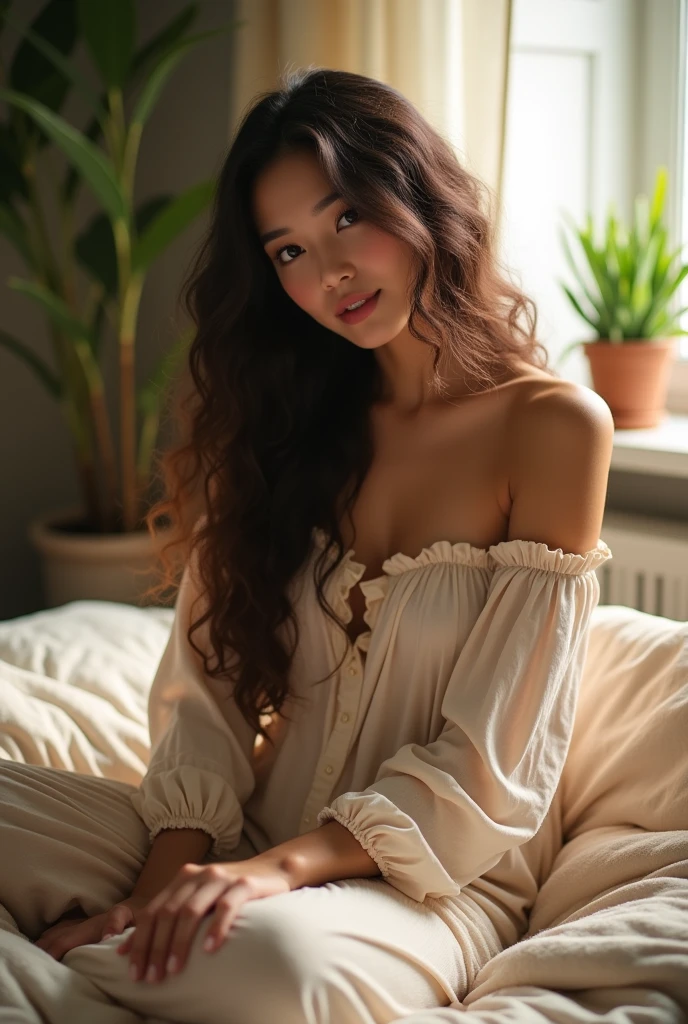 Asian beautiful woman, sitting on bed, wearing loose off-shoulder top, pajama pants, long curly hair, indoors, soft lighting, plants in background, window with sunlight, cozy room, breasts out