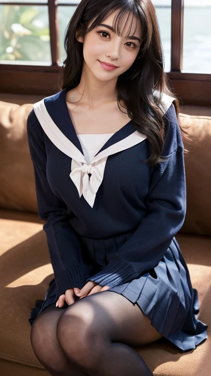 (masterpiece:1.2, Highest quality, Ultra-high resolution, Very detailed), (Realistic, photoRealistic:1.4), Beautiful illustrations, (Natural Side Lighting, Cinema Lighting), View your audience, whole body, 1 person, Japanese, high school girl, Perfect Face, (Perfect Anatomy), Cute and symmetrical face, , Glowing Skin, thin, (short hair:1.1, Wavy Hair, Black Hair), Hair between the eyes, Droopy eyes, Big eyes, Long eyelashes, (Mid-chest), Beautiful Hair, Beautiful Face, Beautiful details, Beautiful clavicle, Beautiful body, Beautiful breasts, Beautiful thighs, Beautiful legs, Beautiful fingers, (Detailed cloth texture, (Navy Clothes), Long Sleeve Navy Sailor Suit, Navy Pleated Skirt, Navy sailor collar, Dark Red Sailor Scarf), (White School Socks), (Beautiful views), Daytime, (Living room minimalist), sofa, (smile, Upward glance), (black tights:1.1),,Perfect body、(((女性1 person)))、(((Beautiful and accurate five fingers)))