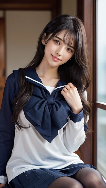 (masterpiece:1.2, Highest quality, Ultra-high resolution, Very detailed), (Realistic, photoRealistic:1.4), Beautiful illustrations, (Natural Side Lighting, Cinema Lighting), View your audience, whole body, 1 person, Japanese, high school girl, Perfect Face, (Perfect Anatomy), Cute and symmetrical face, Baby Face, Glowing Skin, thin, (short hair:1.1, Wavy Hair, Black Hair), Hair between the eyes, Droopy eyes, Big eyes, Long eyelashes, (Mid-chest), Beautiful Hair, Beautiful Face, Beautiful details, Beautiful clavicle, Beautiful body, Beautiful breasts, Beautiful thighs, Beautiful legs, Beautiful fingers, (Detailed cloth texture, (Navy Clothes), Long Sleeve Navy Sailor Suit, Navy Pleated Skirt, Navy sailor collar, Dark Red Sailor Scarf), (White School Socks), (Beautiful views), Daytime, (Living room minimalist), sofa, (smile, Upward glance), (black tights:1.1),,Perfect body、(((女性1 person)))、(((Beautiful and accurate five fingers)))