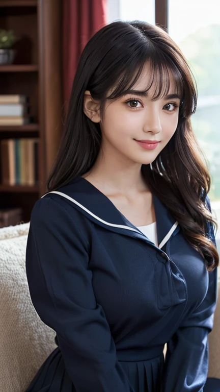 (masterpiece:1.2, Highest quality, Ultra-high resolution, Very detailed), (Realistic, photoRealistic:1.4), Beautiful illustrations, (Natural Side Lighting, Cinema Lighting), View your audience, whole body, 1 person, Japanese, high school girl, Perfect Face, (Perfect Anatomy), Cute and symmetrical face, , Glowing Skin, thin, (short hair:1.1, Wavy Hair, Black Hair), Hair between the eyes, Droopy eyes, Big eyes, Long eyelashes, (Mid-chest), Beautiful Hair, Beautiful Face, Beautiful details, Beautiful clavicle, Beautiful body, Beautiful breasts, Beautiful thighs, Beautiful legs, Beautiful fingers, (Detailed cloth texture, (Navy Clothes), Long Sleeve Navy Sailor Suit, Navy Pleated Skirt, Navy sailor collar, Dark Red Sailor Scarf), (White School Socks), (Beautiful views), Daytime, (Living room minimalist), sofa, (smile, Upward glance), (black tights:1.1),,Perfect body、(((女性1 person)))、(((Beautiful and accurate five fingers)))
