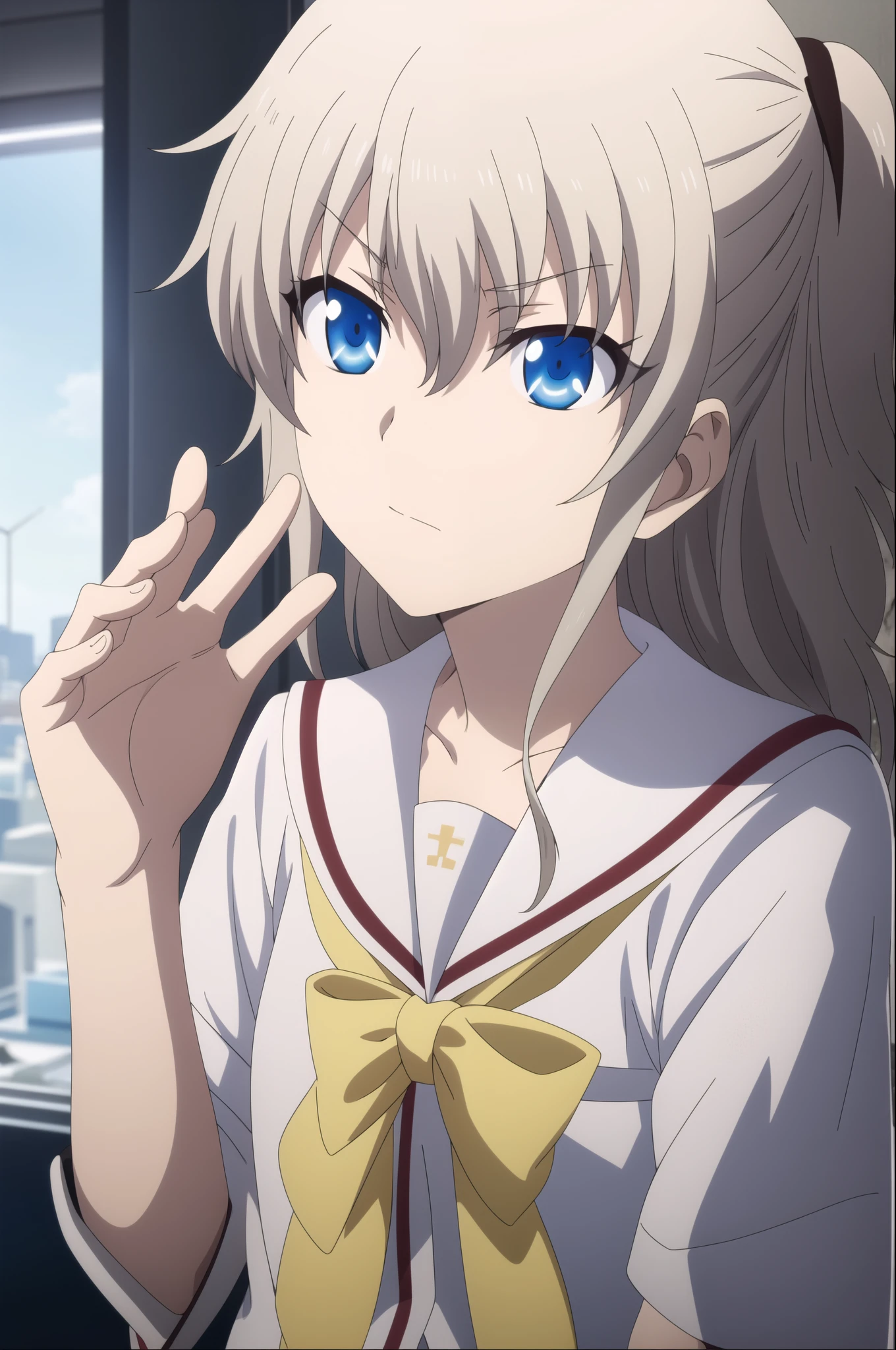 1girl, solo, best quality, masterpiece,   nao tomori,cover face with palm of hand, serafuku, sailor collar, hair between eyes, anime style, anime color, 2D