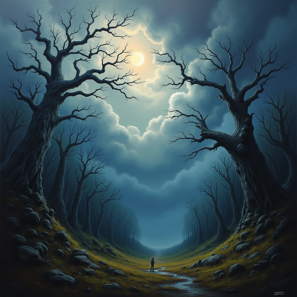 (best quality, 8K, high resolution, masterpiece), ultra detailed, oil painting, a wild storm brewing over a haunted forest, dark clouds swirling violently, with eerie, twisted trees reaching towards the sky, the entire scene rendered with deep, moody colors and expressive brushstrokes.