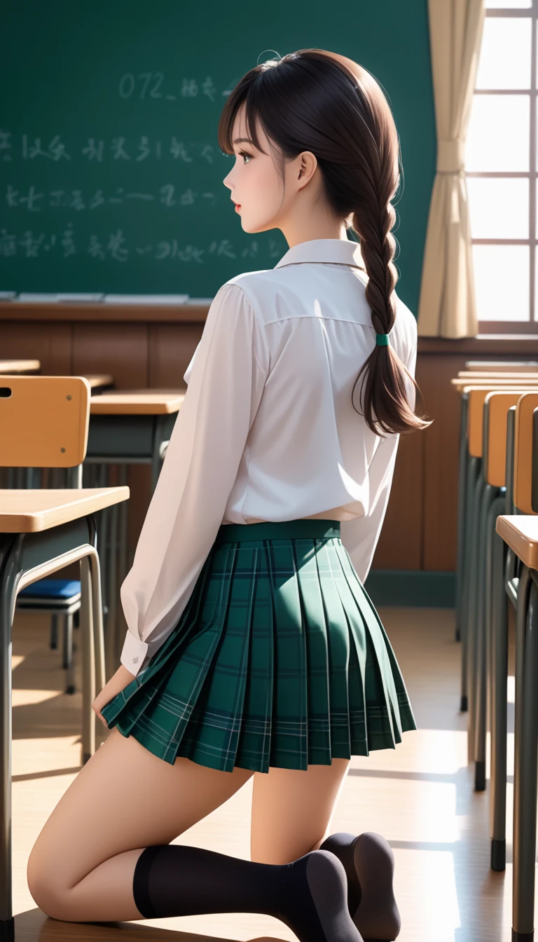 HK film style,1girl,solo,(back view:1.3),low angle shot,(cute panties view:1.4),(kneeling:1.6),twin braids,(skirt lift_up:1.4),braid,shirt,brown hair,indoors,school uniform,white shirt,bag,classroom,blush,long hair,desk,black socks,plaid skirt,plaid,socks,brown eyes,collared shirt,long sleeves,ribbon,blurry,closed mouth,kneehighs,blurry background,green ribbon,neck ribbon,pleated skirt,curtains,chalkboard,in the style of Wong Kar Wai film,highly detailed,ultra-high resolutions,32K UHD,best quality,masterpiece,