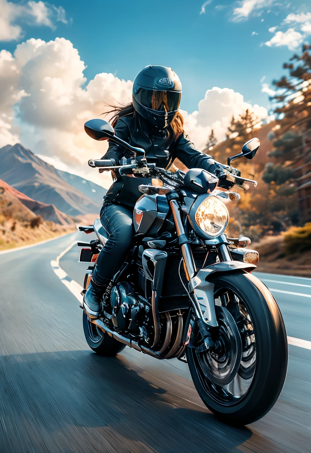 an illustration of a woman riding a motorcycle with a Cat on top, 1 Girl, sky空, Ground Vehicles, Brown hair, Cat, sky, outdoor, Bag, cloud, Long hair, Abdominal muscles, blue sky空, Brown eyes, breast, motorcycle, Umbilical cord, muscular, muscular female, shorts, motorcycle
