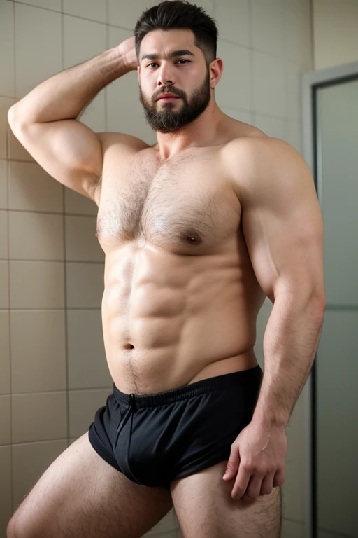 ((best quality)), ((masterpiece)), (detailed), perfect big detailed hairy plump muscle man in bath , beard, dark skin color, skinhead, Japanese men, 