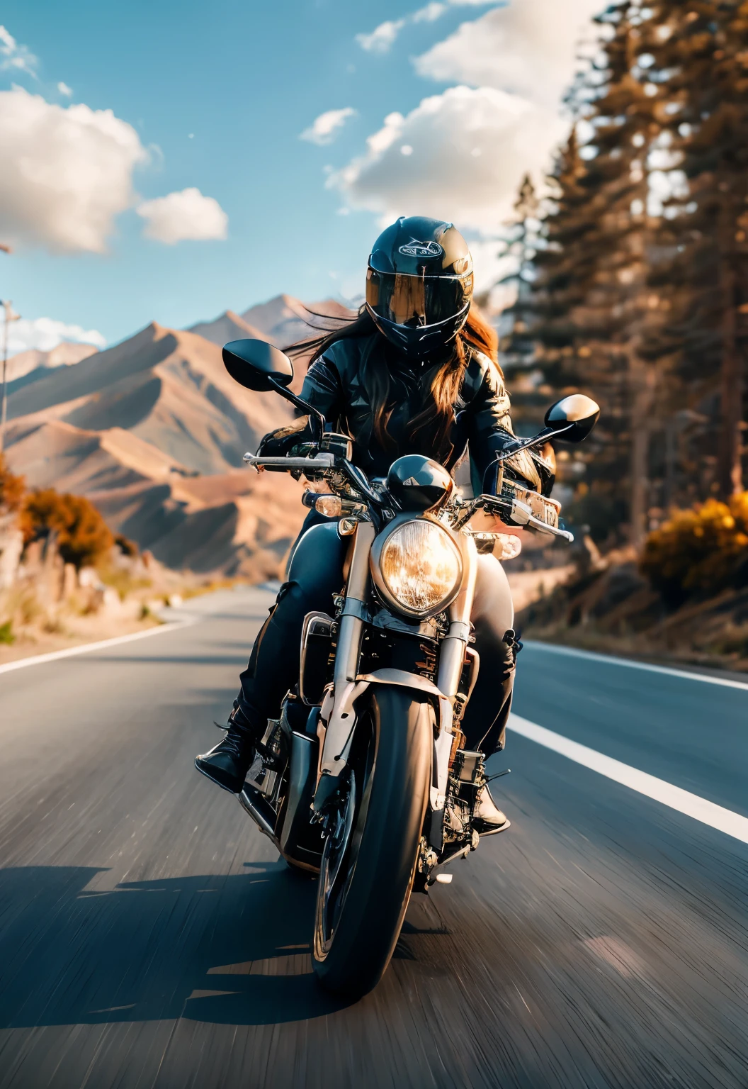 an illustration of a woman riding a motorcycle with a Cat on top, 1 Girl, sky空, Ground Vehicles, Brown hair, Cat, sky, outdoor, Bag, cloud, Long hair, Abdominal muscles, blue sky空, Brown eyes, breast, motorcycle, Umbilical cord, muscular, muscular female, shorts, motorcycle
