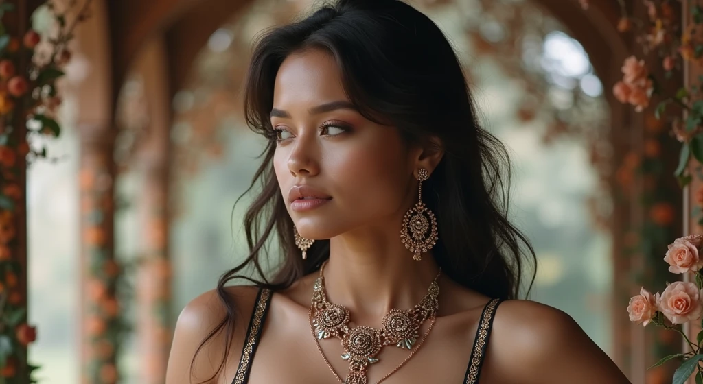 a beautiful attractive woman in full body suit, micro tanga , intricate chain jewelry suspenders, beautiful round chest, big breasts, neckline, chest press together ,Medium long shot ,pose of elegance, Intricate designs and patterns in the style of Alphonse Mucha ,Art Nouveau Floral Background