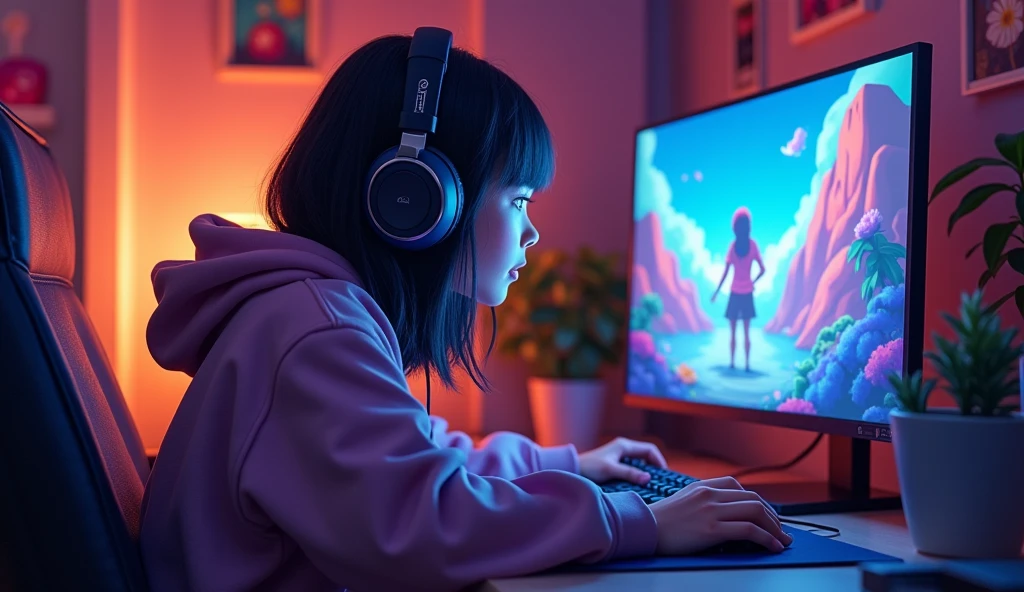 high school girl, dream, Wear headphones, night lighting,Lo-fi hip hop , flat ,Large gradient, Gouache color, Great colorful, Outerton, Krautlock, Lofi Art, Amazing Technology,LoFi、excited、looks fun、Active、fine、2D anime style、Retro、Private room、During gameplay、Big Breasts、Illustrated style、Japanese、Sweatshirt、With hood、Lo-fi music style、2D illustration、Watching the monitor、Playing a boss battle in a game、Desperate、Straight Hair