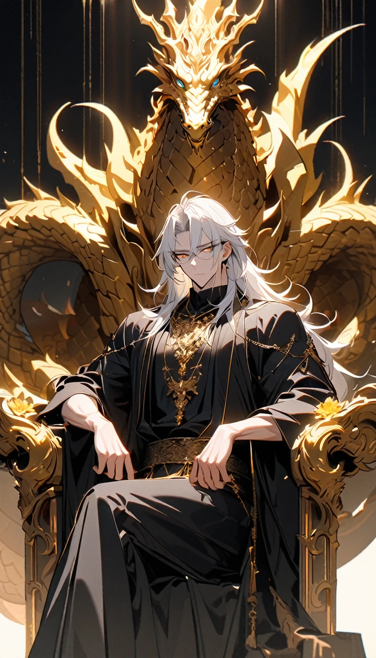 Handsome, solo, 1 girl, (Cold expression), long hair, white hair, yelow eye,sharp eyes, deep gold colored eyes, dark golden colored eyes, deep gold eyes, gold eyes, wearing a black Hanfu, full black Hanfu, Charming male god, Slightly muscular body,((perched atop a large golden dragon throne, sitting on throne crossed legged ), High target,8K,Beautiful contrast of light and shadow,Golden flowers,Dark luxury background,(Complete upper body).