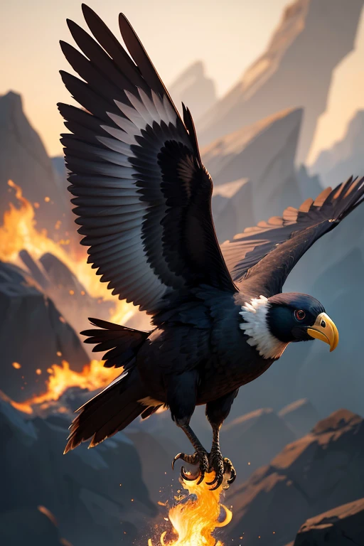 Masterpiece, in the style of David Allen Sibley, The Ebony Condor
A large, (obsidian-feathered bird), the Ebony Condor is a creature of awe-inspiring majesty. Its eyes, burning with celestial fire, seem to pierce the very soul. Its wings, vast and imposing, are edged with shimmering (gold), a stark contrast to its dark plumage. Despite its size, the Condor moves with grace and speed, its flight silent as the wind.