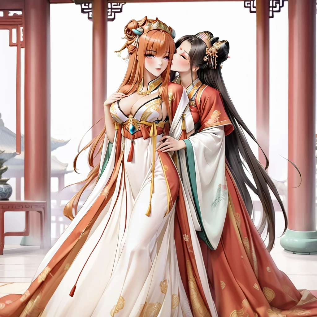 ((Highest quality)), ((masterpiece)), (detailed), (Perfect Face)、The woman is Maya Cordelia, an Empress of ancient China, with orange, semi-long hair. She is wearing a luxurious Hanfu costume fit for an ancient Chinese Empress, her hair styled in an ancient Chinese fashion and adorned with elaborate hair ornaments.、In the ancient Chinese palace, a woman is embracing and kissing the ancient Chinese emperor、The man is a dignified, bearded old man, an ancient Chinese emperor